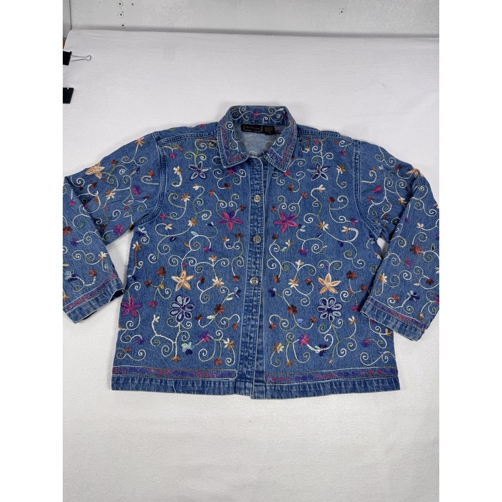 New Directions Embroidered Denim Jacket Womens XL Floral Button Front